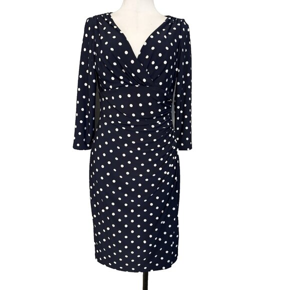 Ralph Lauren Dress 10 Polka Dot Black White 3/4 Long Sleeve Stretch Washable - Picture 1 of 12
